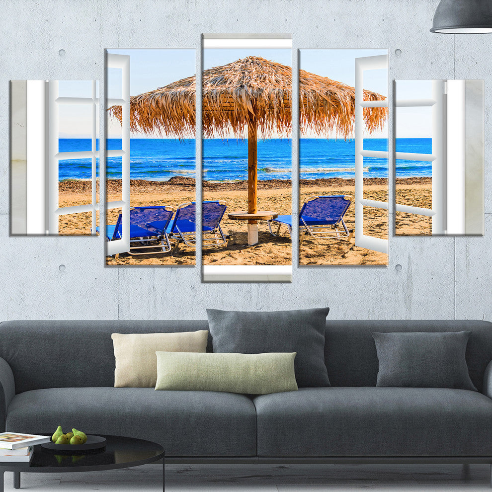 "Window Open To Beach Hut With Chairs" Seashore Wall Art, 5 Panels, 60"x32"