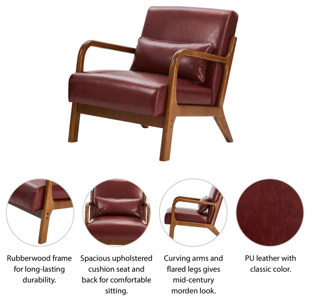 Mid-Century Modern Leatherette Accent Armchair, Set of 2, Burgundy