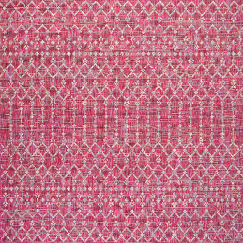 Ourika Moroccan Geometric Indoor/Outdoor Rug, Fuchsia/Light Gray, 5' Square