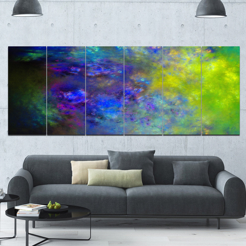 Blue Green Starry Fractal Sky, Abstract Canvas Art Print, 70"x28", 6 Panels