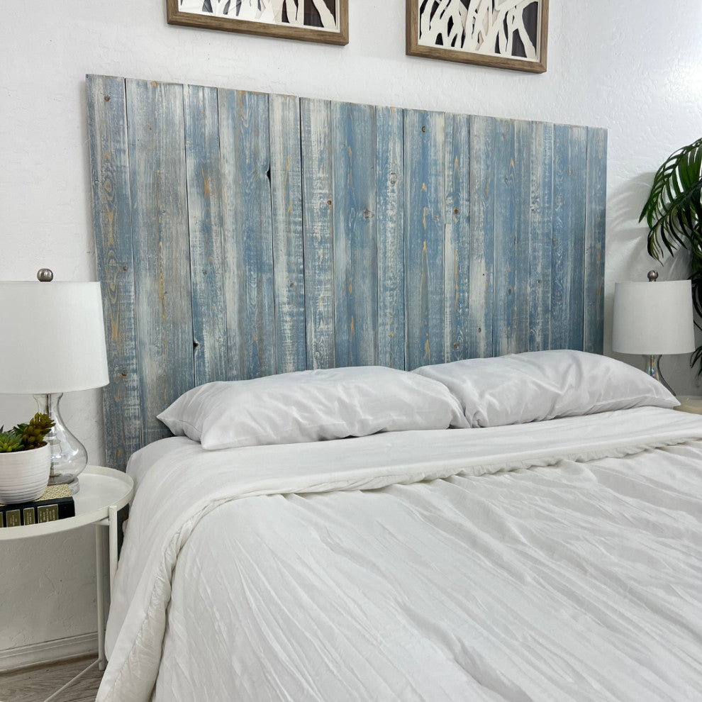 Solid Wood Headboard Modern Farmhouse with Smooth Natural Wood Grain for Any Bed, Blue Powderwash, King
