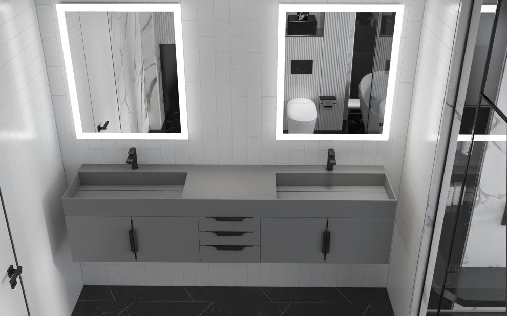 CastelloUSA Amazon 84" Wall Mounted Bathroom Vanity Set, Gray, Gray Top, Black Handles