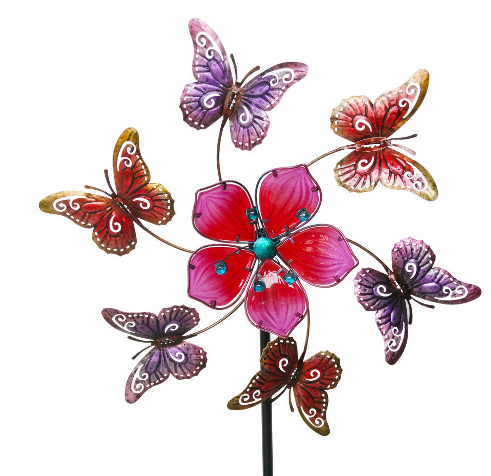 Pink Butterfly Floral Kinetic Wind Spinner Outdoor Garden Sculpture