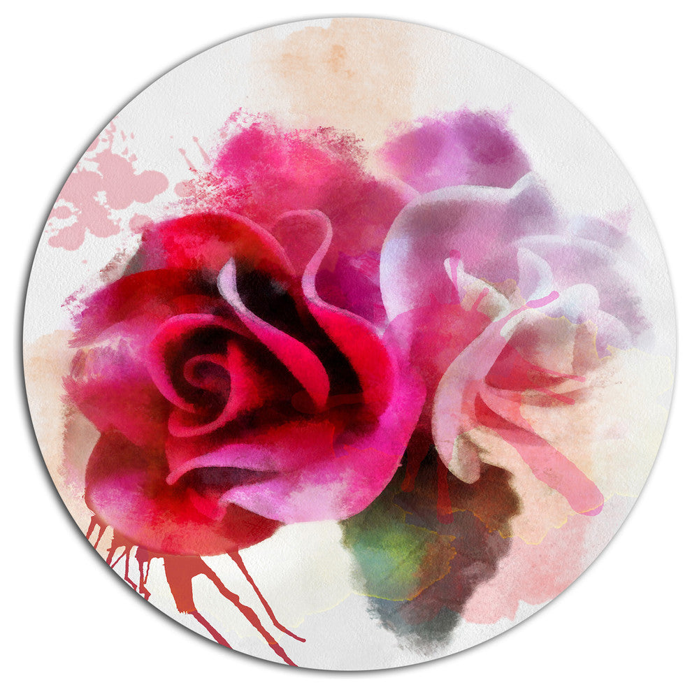 White Red Roses With Color Splashes, Floral Disc Metal Artwork, 23"
