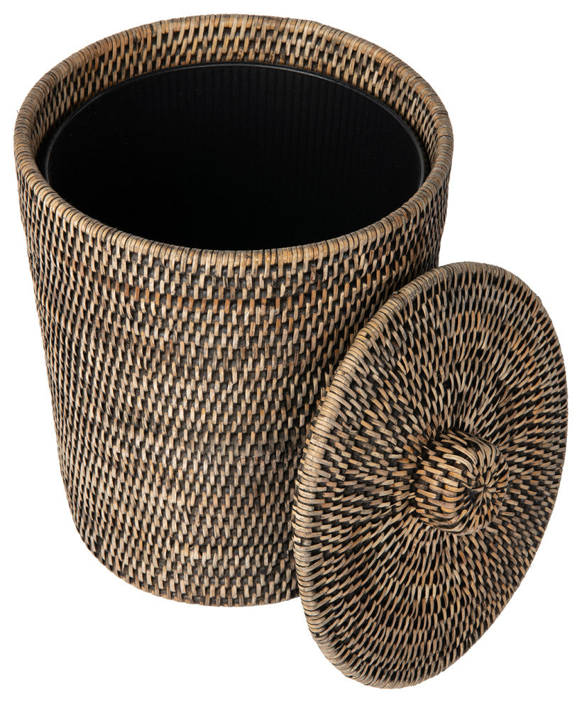 La Jolla Rattan Round Waste Basket With Plastic Insert and Lid, Black-Wash