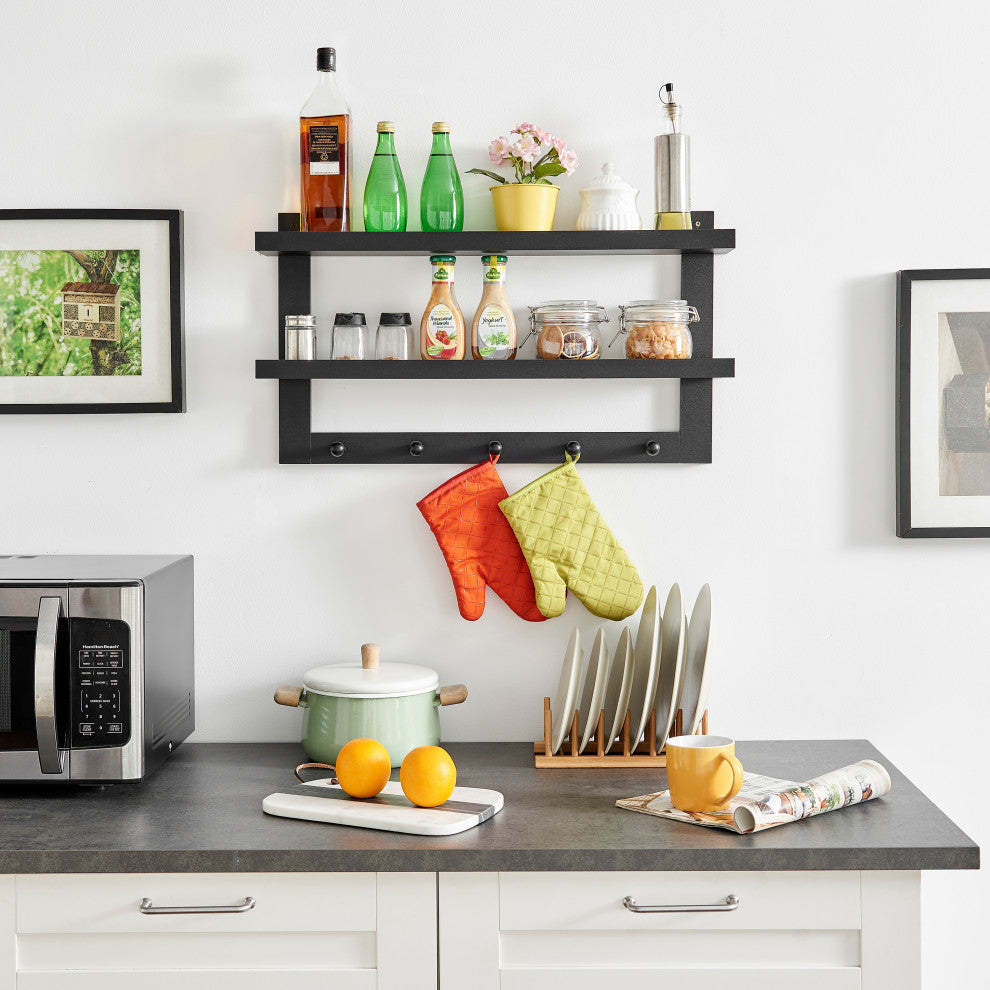 Danya B 2-Tier Ledge Wall Shelf Organizer with Five Hanging Coat or Towel Hooks, Black