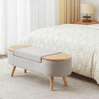 Wood Ottoman Storage Bench with Rattan,Linen Seat, Grey