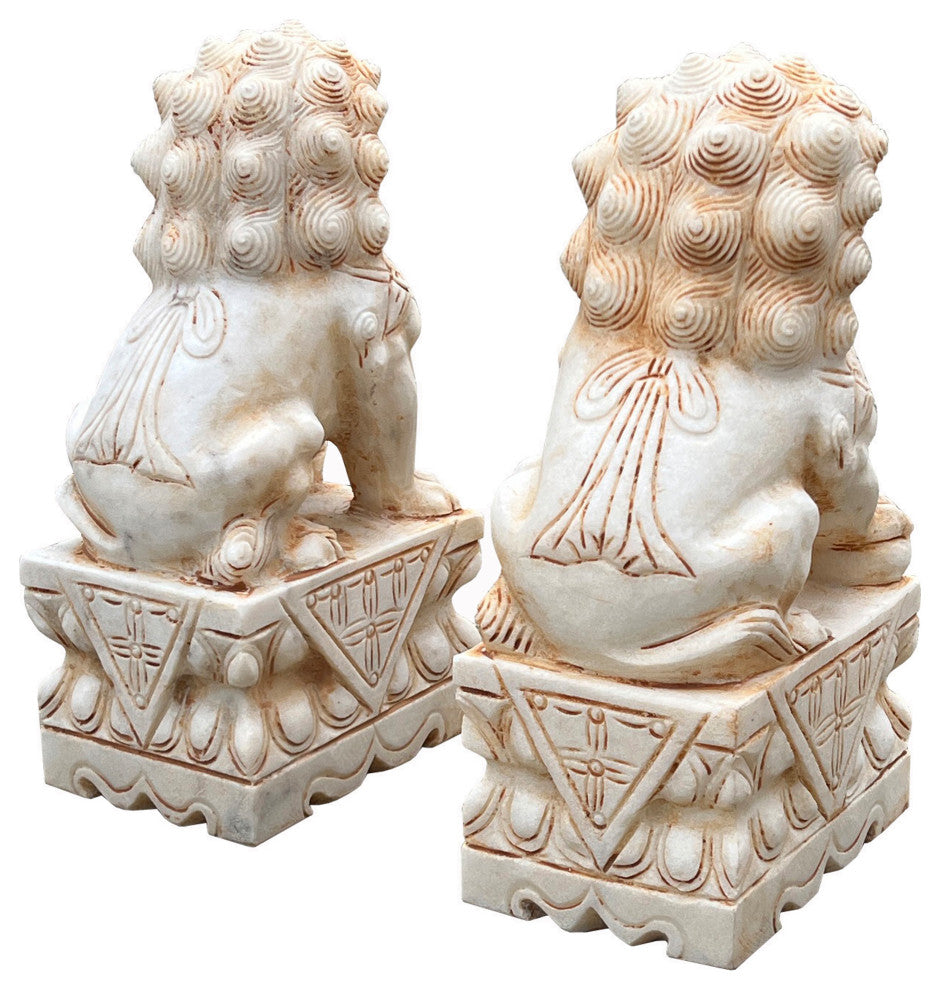 Chinese Small Pair Cream White Marble Stone Fengshui Foo Dogs Statues Hws3068