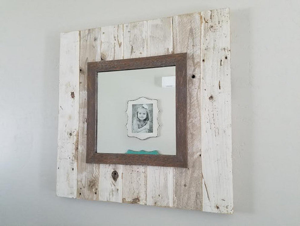 Reclaimed Slat Mirror With Whitewashed Boards, 30"x30"