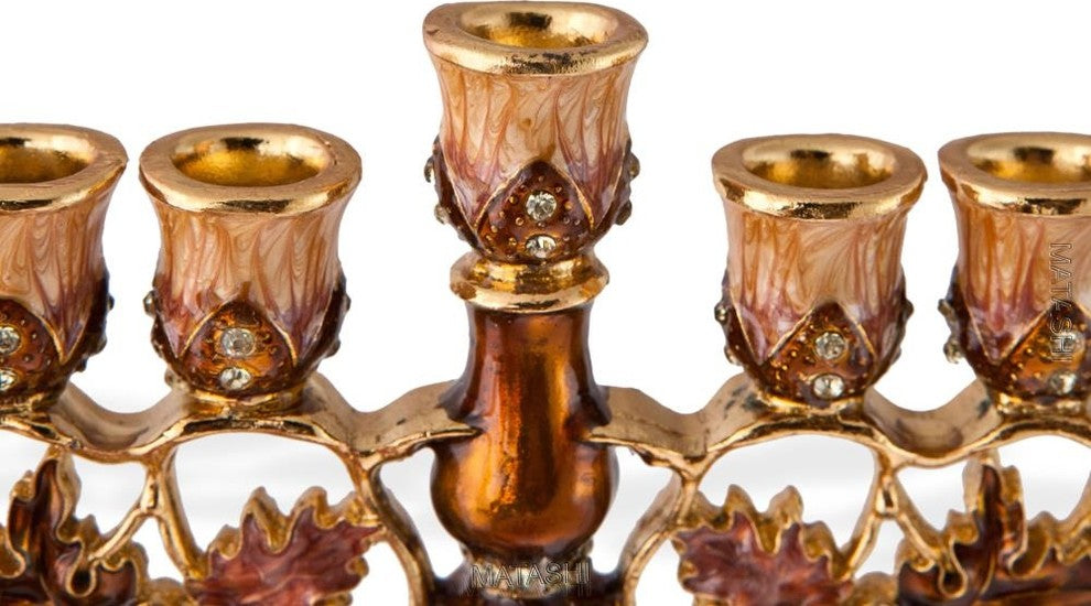 Tall Hand Painted Menorah Candelabra Embellished with a Vineyard Design, 7.25"