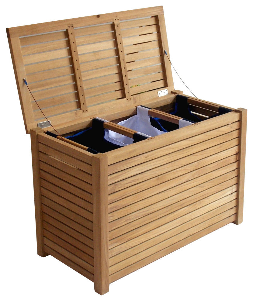 Teak Laundry Towel Box Hamper with 3 Sacks