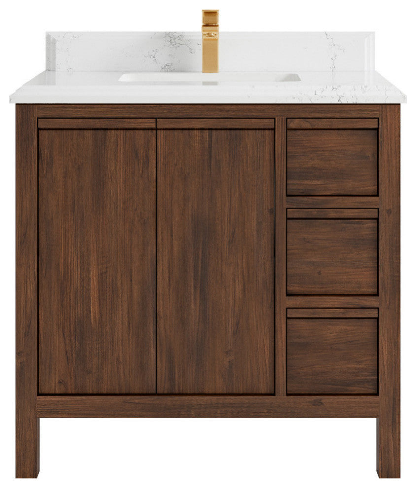 Elizabeth 36 Center Sink Bath Vanity in Dark Walnut Teak 1.5" Empira Quartz