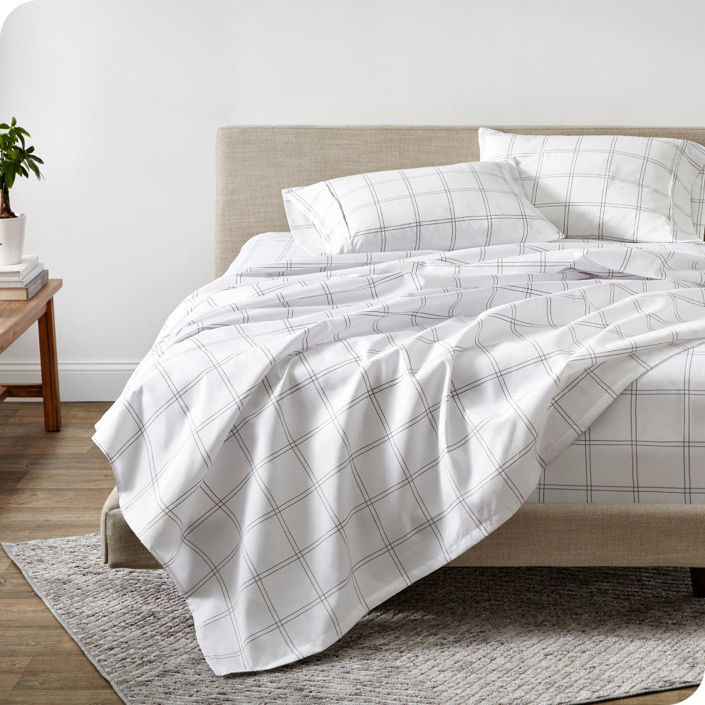 1800 Microfiber Sheet Set, Windowpane White/Mushroom, California Kin