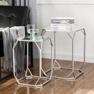 Metal WithGlass Accent Table, Set of 2, Silver