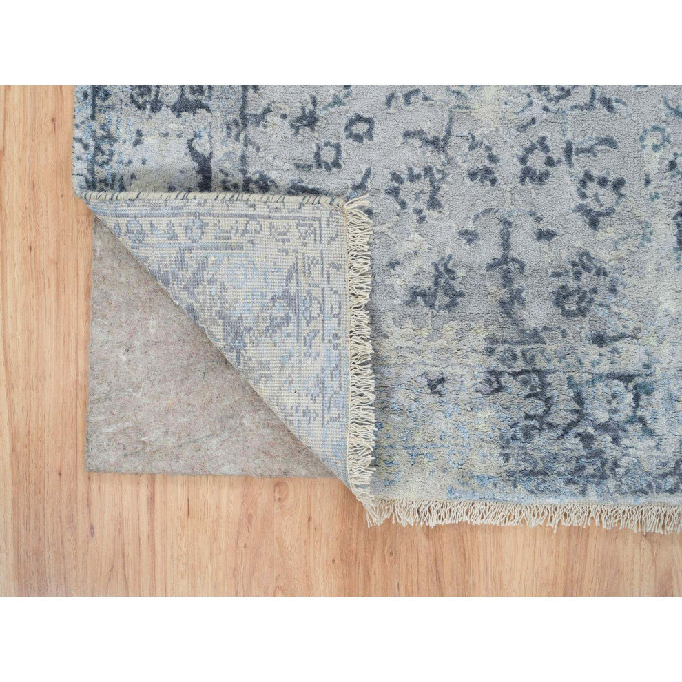 Gray Pure Silk With Wool Hand Knotted Broken Kashan Design Runner Rug, 2'9"x7'8"
