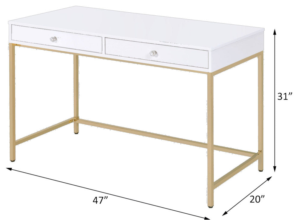 ACME Ottey Vanity Desk, White High Gloss and Gold Finish
