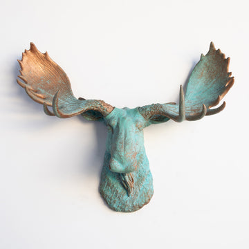Faux Taxidermy Moose Head Wall Mount, Copper Patina