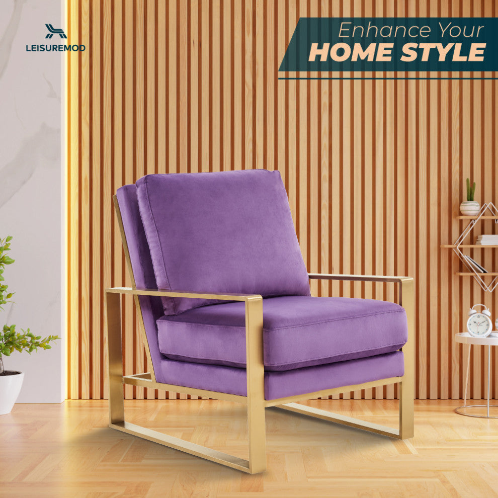 LeisureMod Jefferson Velvet Accent Armchair With Gold Frame, Purple