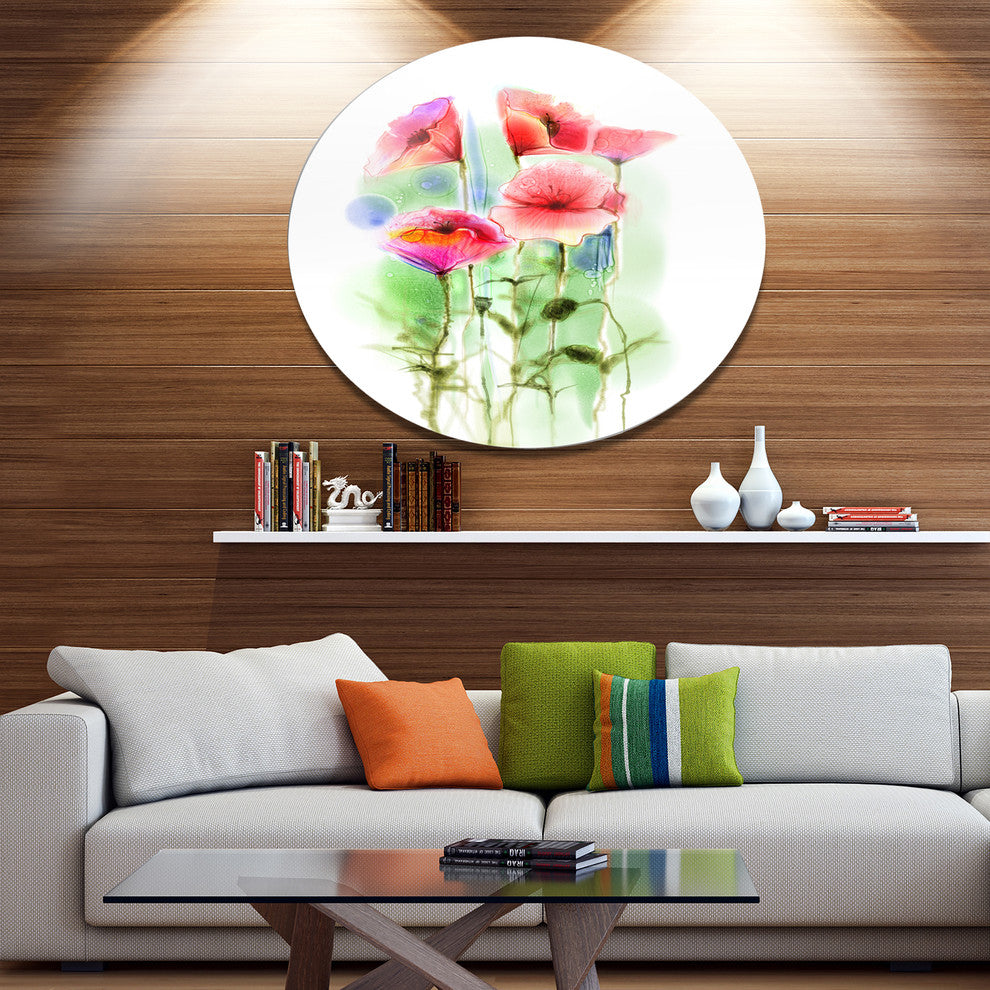 Red Poppy Flowers Watercolor Sketch, Floral Round Metal Wall Art, 38"
