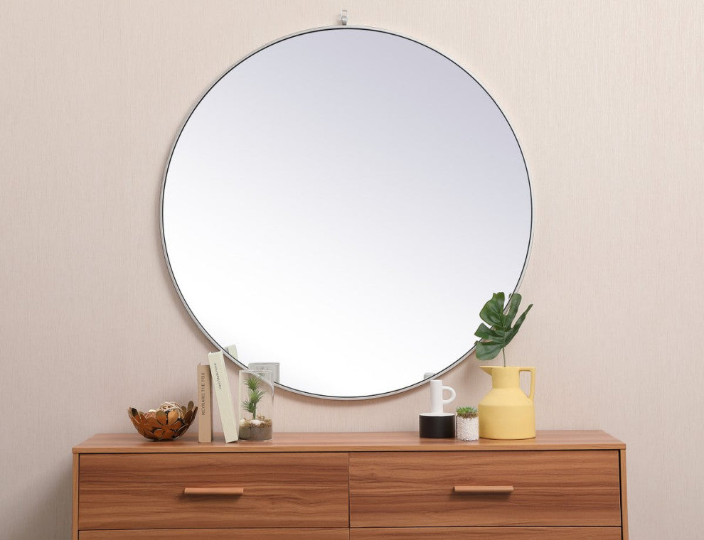 Elegant MR4745S Metal Frame Round Mirror With Decorative Hook 45", Silver