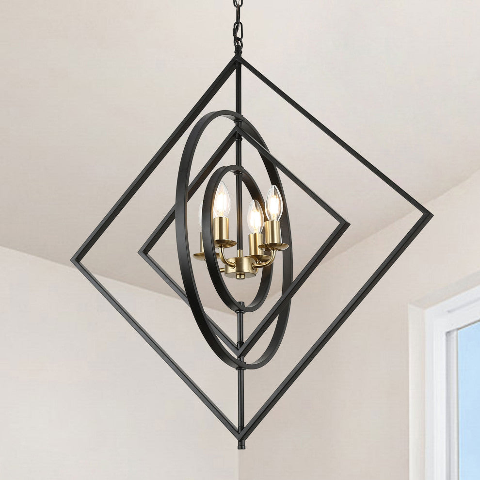 30" Modern Metal Frame Chandelier with Adjustable Matte Black Finish Shades, Weathered Wood