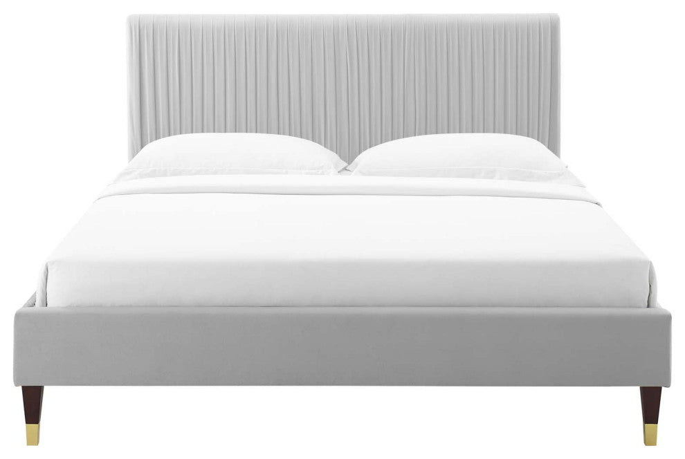 Platform Bed Frame, Twin Size, Velvet, Light Grey Gray, Modern Contemporary