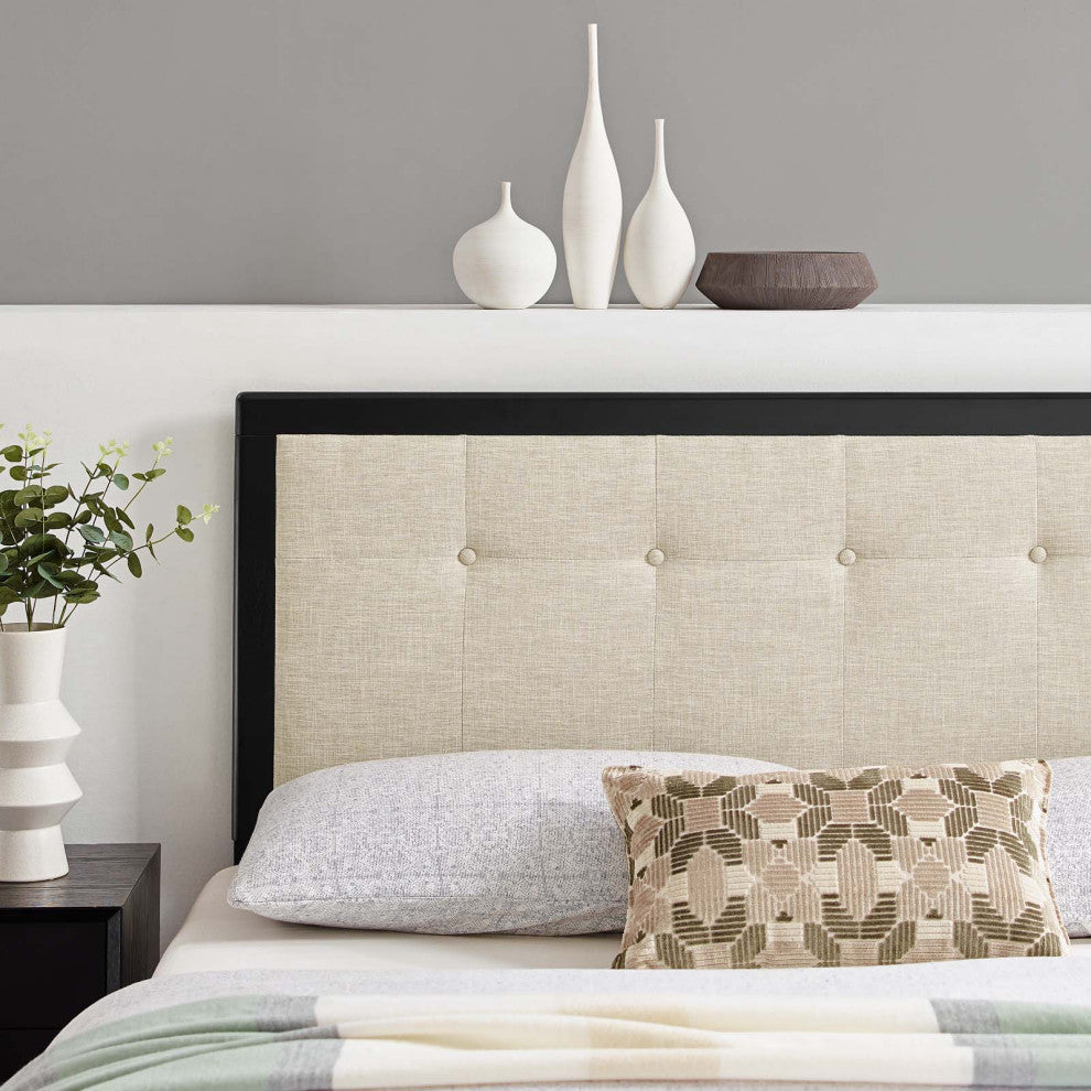 Tufted Headboard, Twin Size, Wood, Fabric, Black Beige, Modern Mid-Century