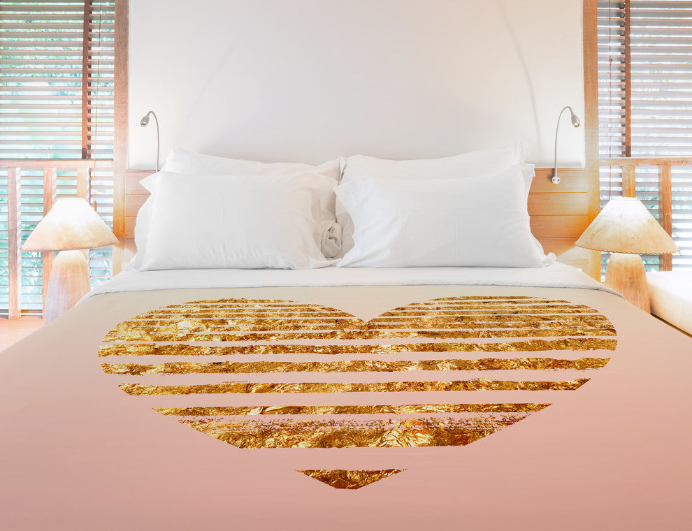 Gold Striped Heart, Pink Cream Gold Lightweight Full Queen Duvet Cover