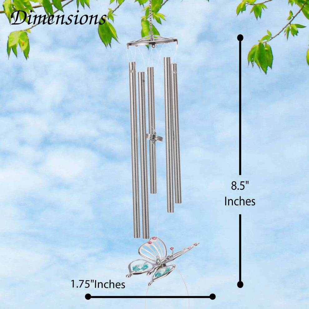 Chrome Plated Silver Color Butterfly Decorative Wind Chime With Crystals