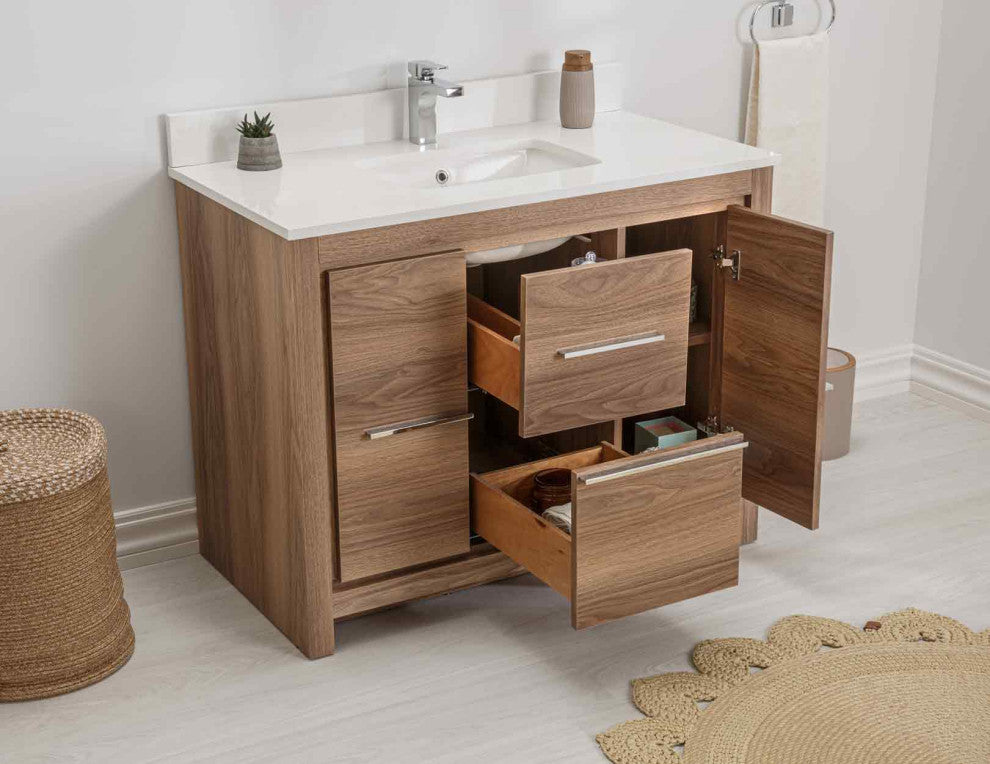 Mila Collection 42" Bathroom Vanity With Sink, Mirror, Countertop, Walnut Brown