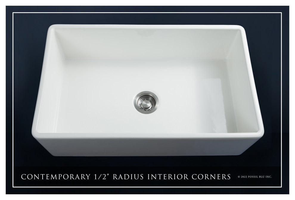Luxury 33-Inch SOLID Fireclay Farmhouse Sink in White with Accs, Flat Front