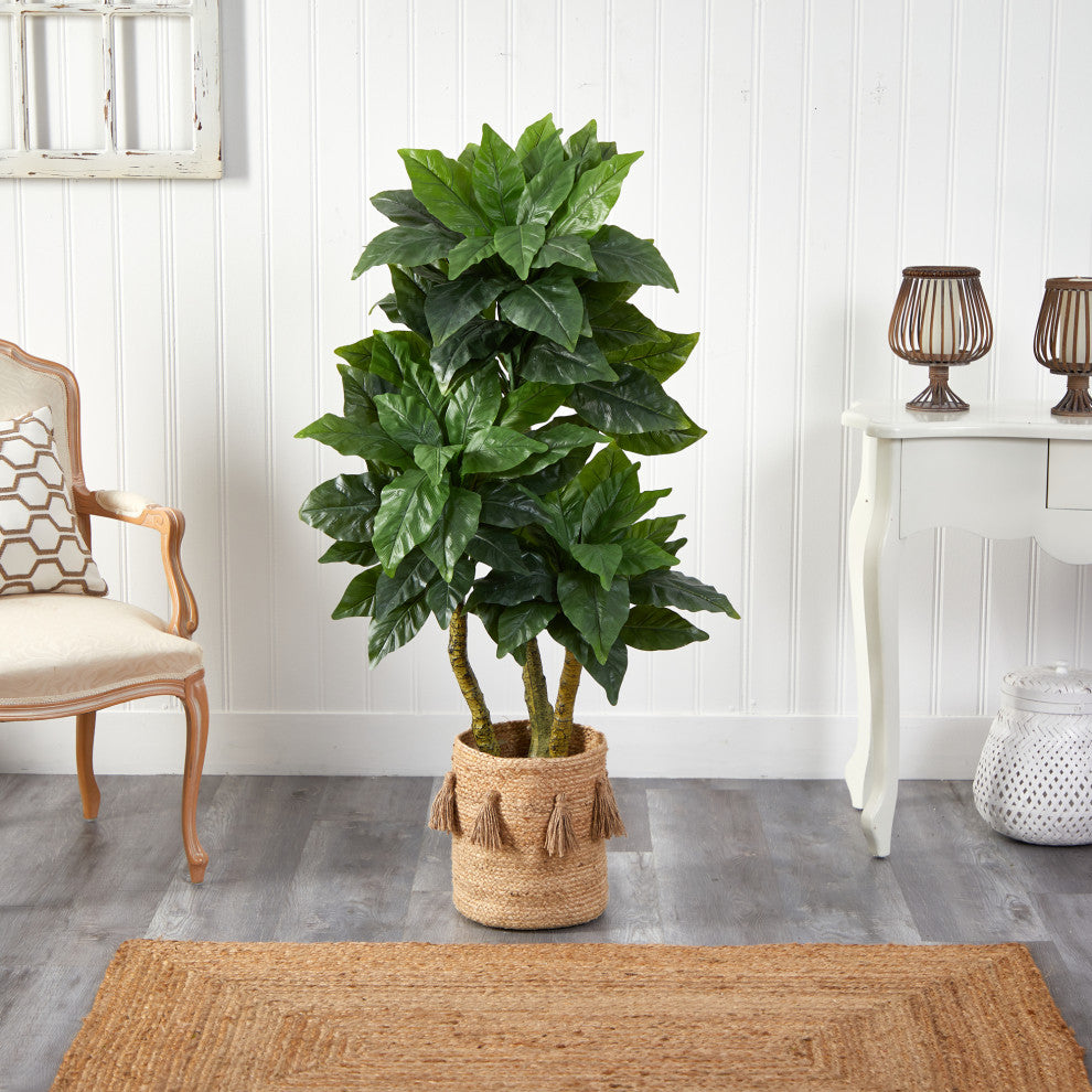 5' Bird Nest Faux Tree, Handmade Natural Jute Planter W/Tassels Indoor/Outdoor