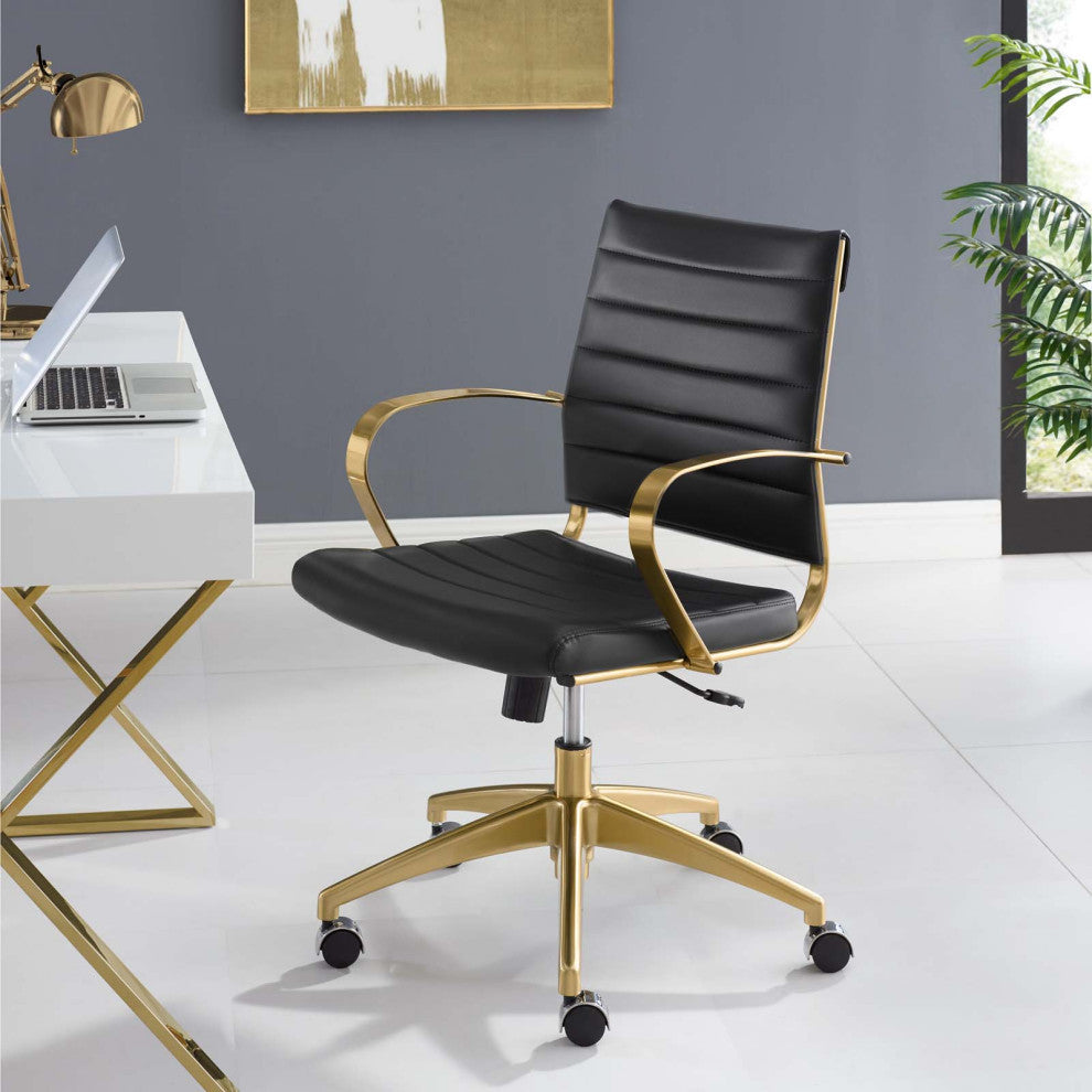 Modern Home Office Work Desk Chair, Faux Vinyl Leather Aluminum, Gold Black