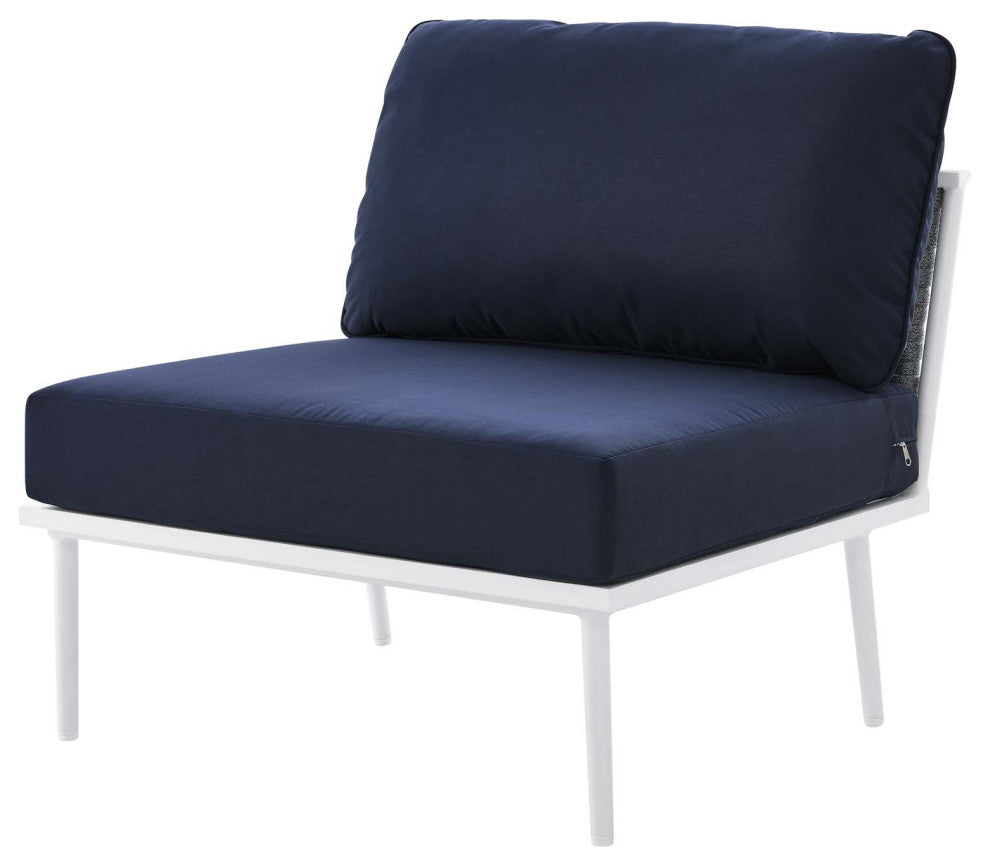 Lounge Sectional Sofa Chair Table Set, Navy White, Aluminum, Modern, Outdoor