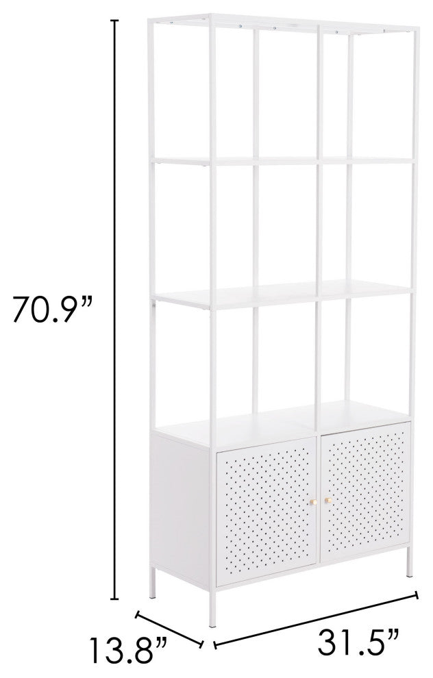 Bookcase Wall Shelf Rack, Steel Metal, White, Gold, Lounge Lobby Hospitality