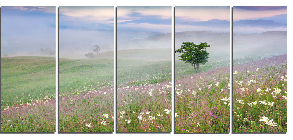 Foggy Summer Morning in Mountains, Landscape Canvas Print, 60"x28", 5 Panels