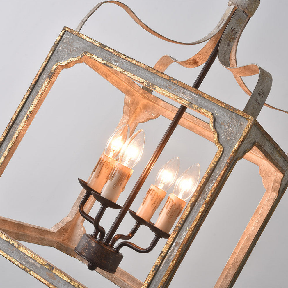 4-Light Lantern Chandelier Square Candelabra Pendant Light, Antique Gray