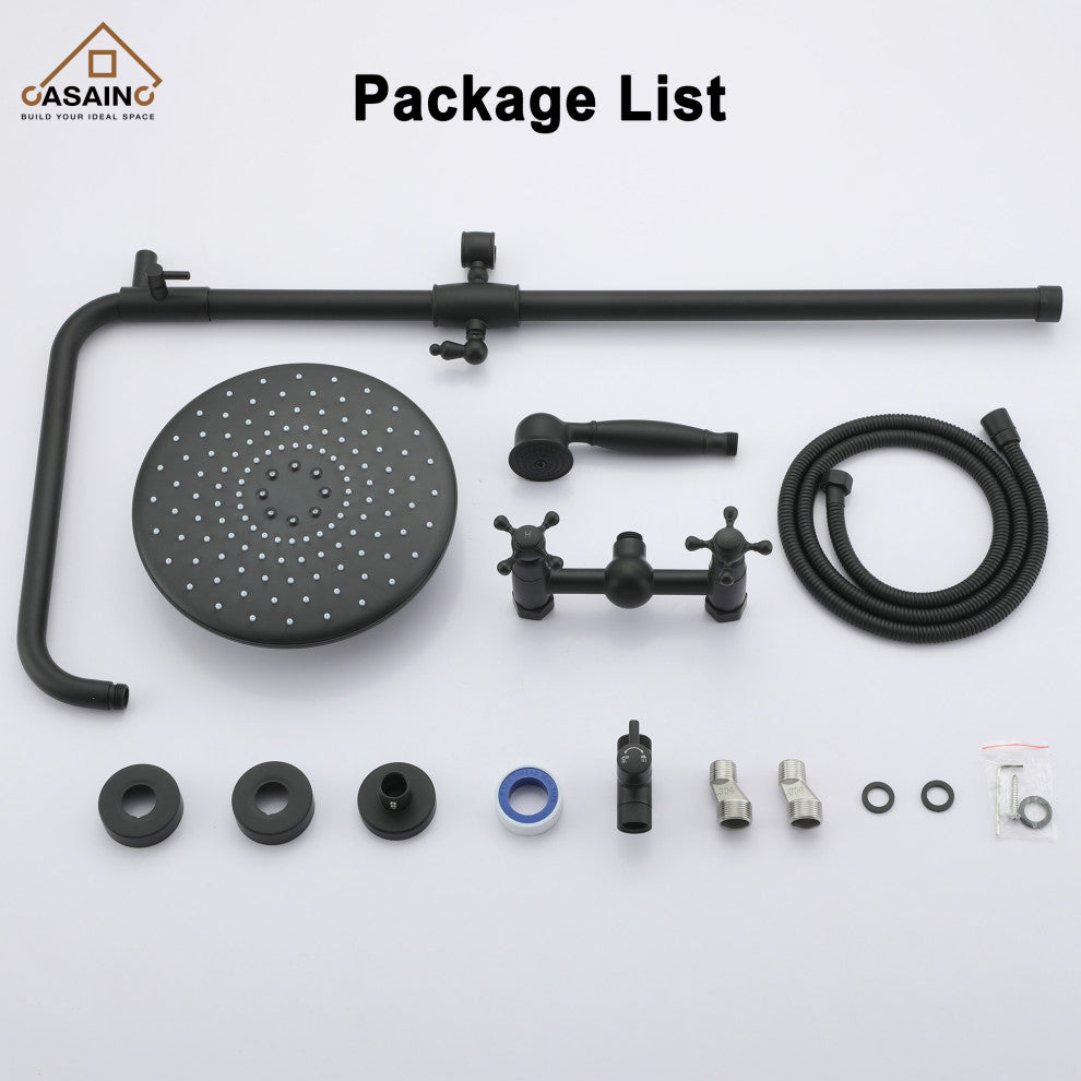 10inch Wall Mount Exposed Pipe Rainfall Shower System with Hand Shower, Matte Black