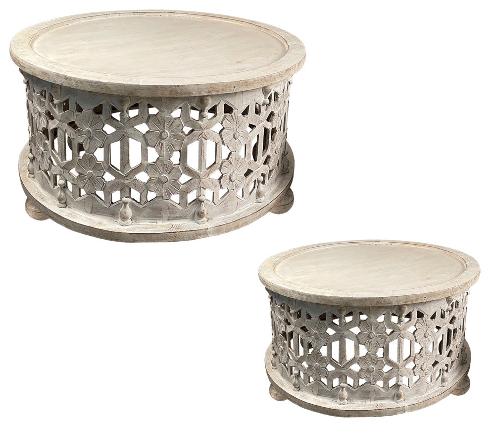 Benzara UPT-248139 Round 2 Piece Coffee Table Set, Carved Floral Design, White