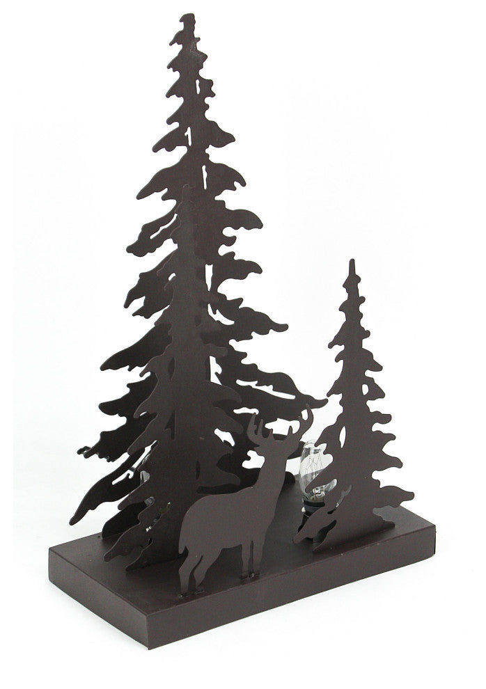 Rustic Brown Finished Metal Solo Buck Deer in Forest Silhouette Ambient Light
