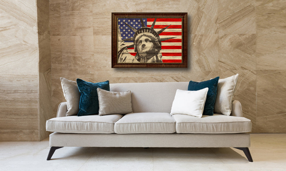 Statue Of Liberty American Textured Flag Print With Brown Gold Frame, 15"X21"