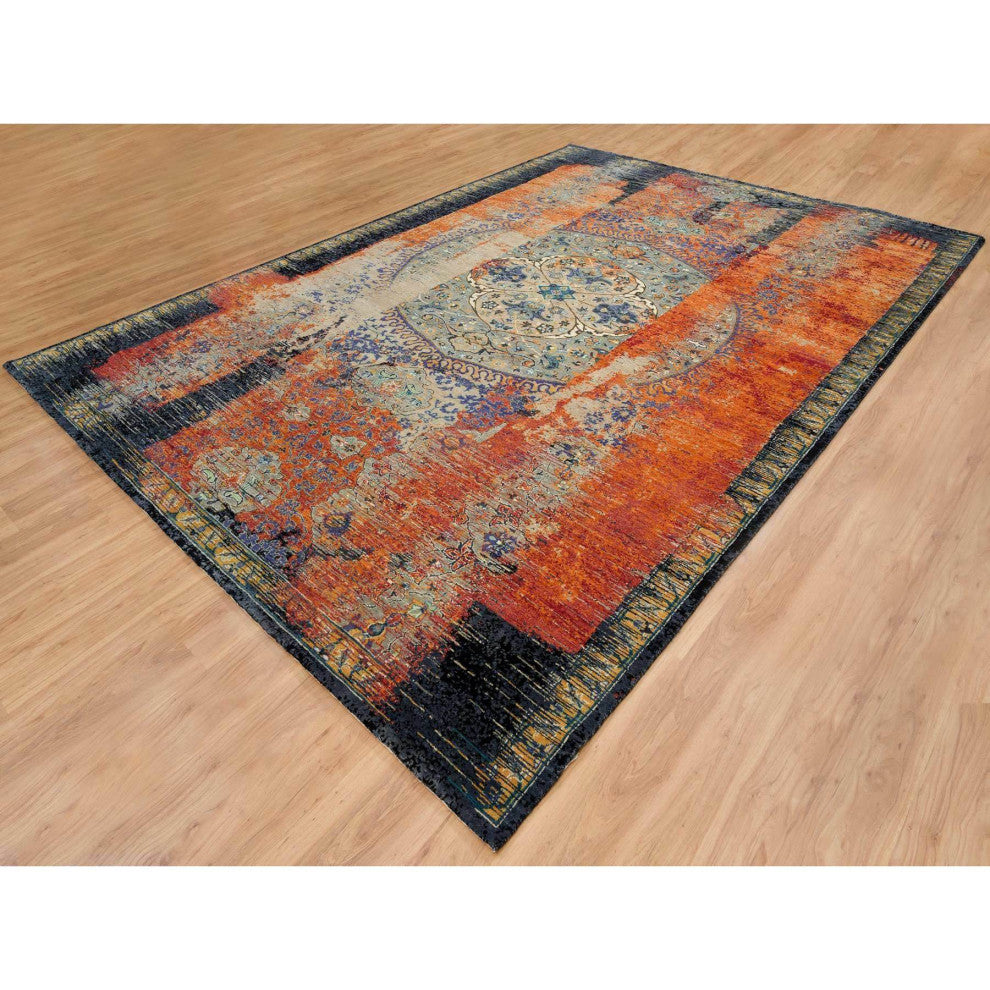 Rust Red Ancient Ottoman Erased Design Hand Knotted Wool Rug, 10'2"x14'3"