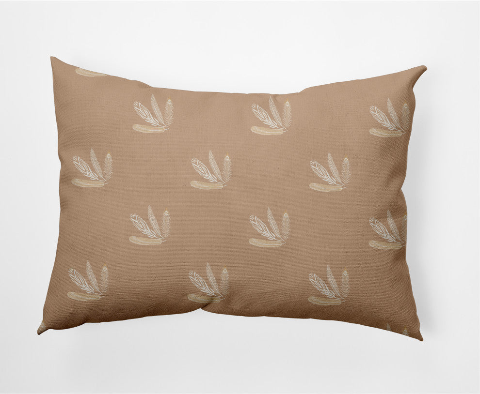 Feather Pattern Decorative Lumbar Throw Pillow, Brown, 14"x20"