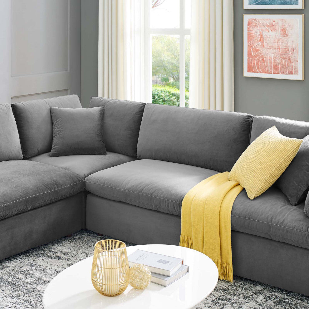 Sectional Sofa Set, Velvet, Gray, Modern, Living Lounge Hotel Hospitality