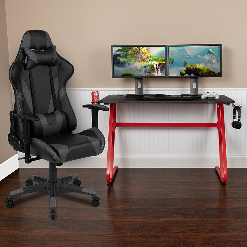 Gaming Desk and Reclining Gaming Chair Set with Cup Holder and Headphone Hook, G