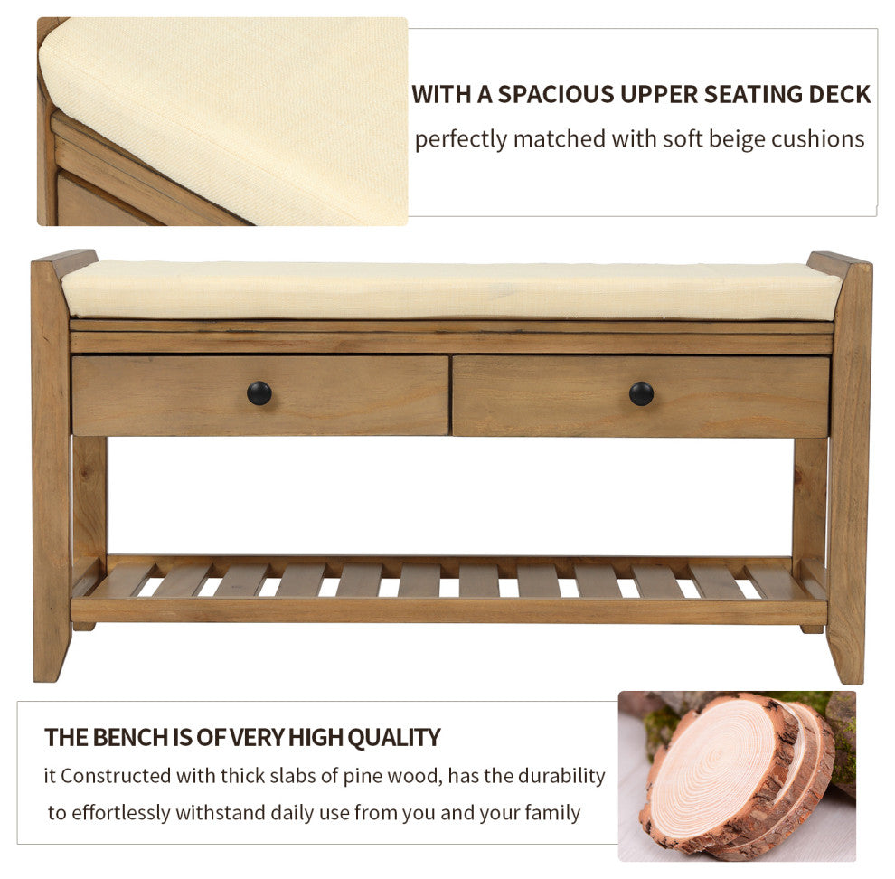 TATEUS 39" Entryway Storage Bench With Shoe Rack and Cushioned Seat, Old Pine