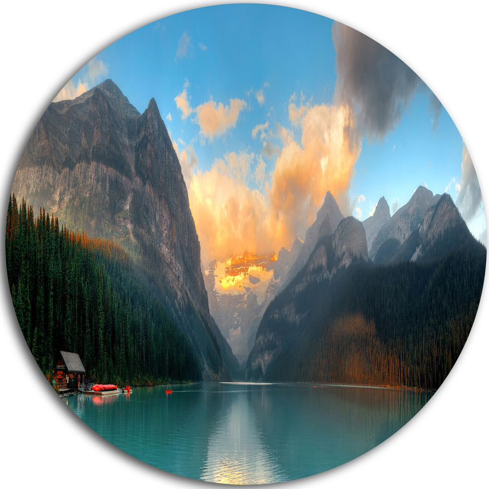 Lake Louise Sunrise Banff Park, Modern Seascape Disc Metal Artwork, 23"