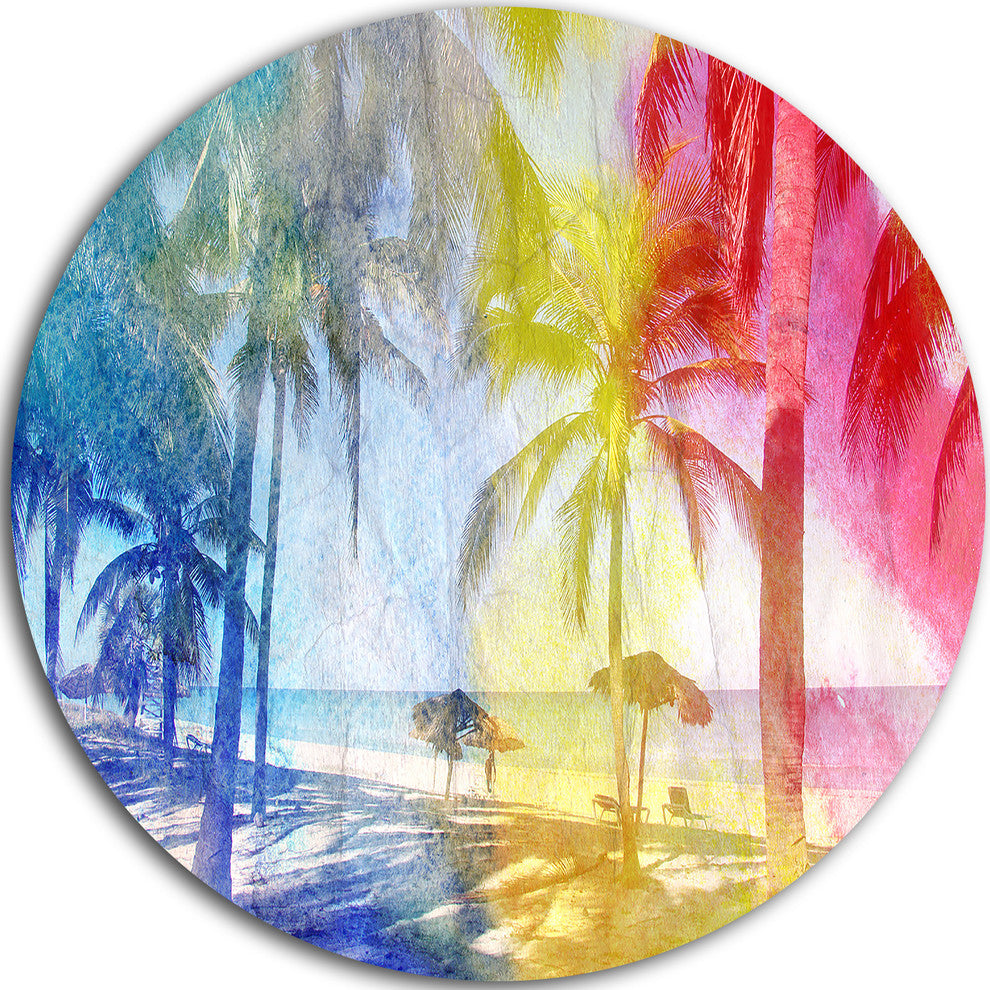 Blue Retro Palm Trees, Landscape Painting Disc Metal Artwork, 36"