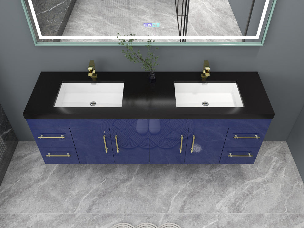 Rosa 72" Wall Mounted Modern Vanity, High Gloss Night Blue, Matt Black Top