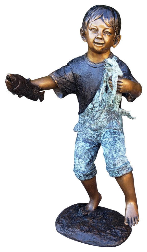 Playful Young Boy with Fish and Frog Bronze Statue Fountain  19" x 16" x 32"H